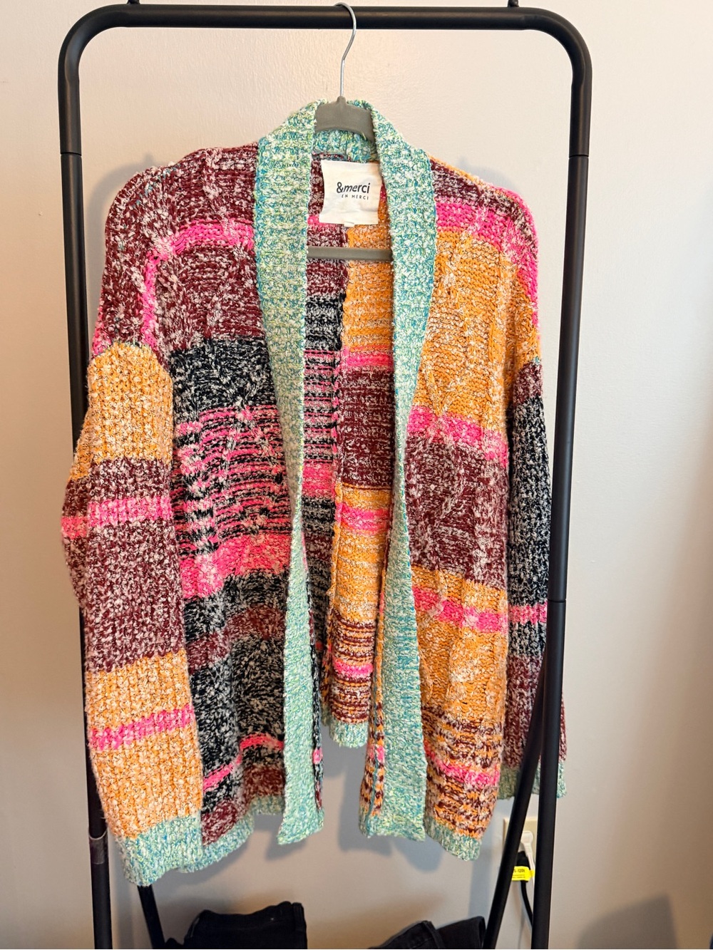 &merci Multicolor Bouclé Open Cardigan — Mint Trim